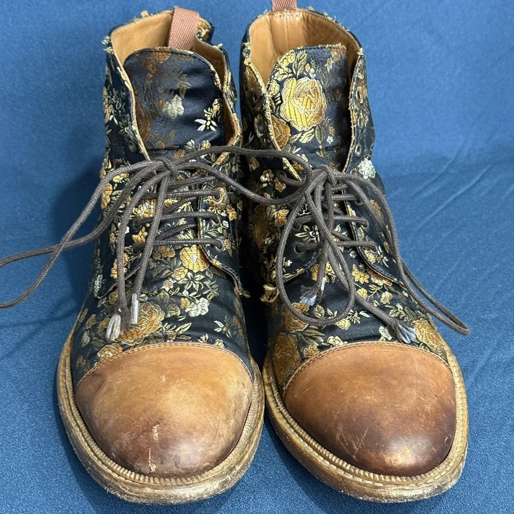 TAFT Mens Floral Cap Toe Lace Up Ankle Boots Brown Gold EU 42 US 9